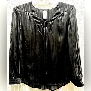 NEW~Women’s Shimmery Black Lightweight Sheer Long Sleeve Vertical Striped Blouse
